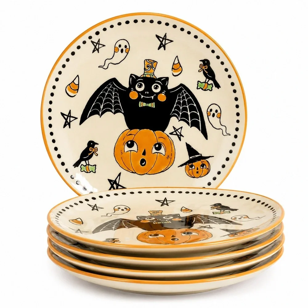 Vintage Style Halloween Salad Plates Set of 4 Bat Cat Pumpkin Ghost Ceramic NEW